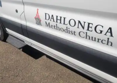 Decal on the side of the Dahlonega Methodist Church Van that was made with the new printer