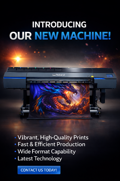 New Graphics machine photo with the post of a fire-breathing dragon being printed from the machine. the Printer is state of the art