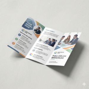 Custom Brochures Product image with a tri-fold brochure laying open in the middle of the photo