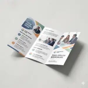 Custom Brochures Product image with a tri-fold brochure laying open in the middle of the photo