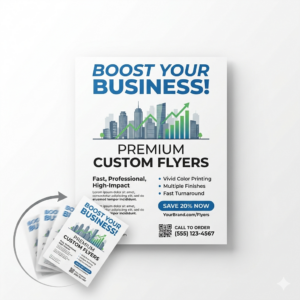 Custom Flyers product image with a white flyer with a design on it that says premium custom flyers