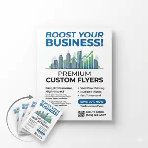 Custom Flyers product image with a white flyer with a design on it that says premium custom flyers