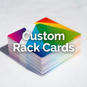 Custom Rack Cards image that has the name of the product imposed over a stack of cards