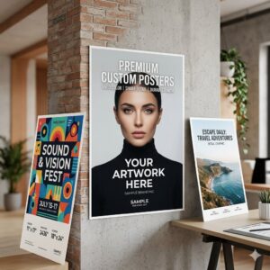 Custom Posters Product Image that has a poster of a lady on a column with small posters around it