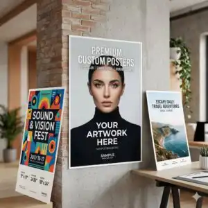 Custom Posters Product Image that has a poster of a lady on a column with small posters around it
