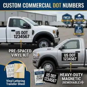 Product Image for commercial DOT numbers for trucks and vehicles. Image has two pickup trucks with DOT numbers on the side