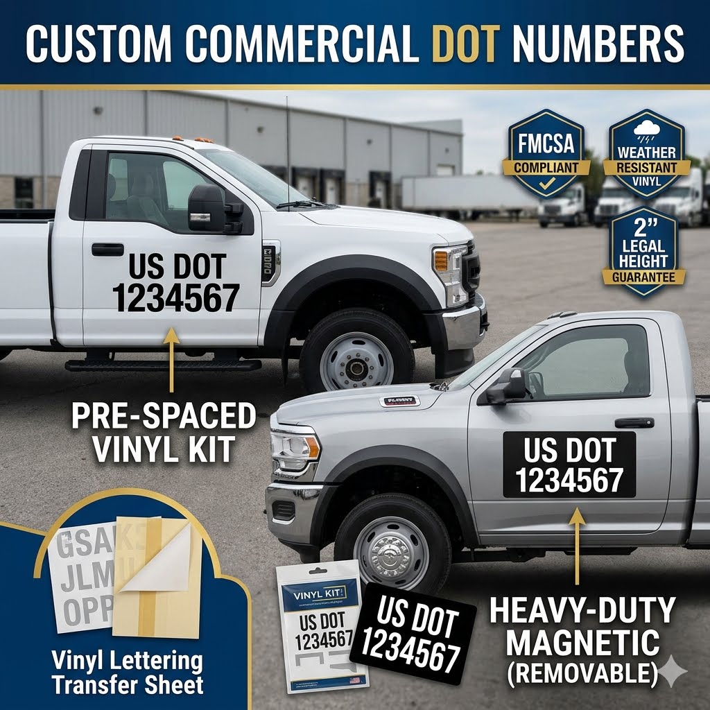 Product Image for commercial DOT numbers for trucks and vehicles. Image has two pickup trucks with DOT numbers on the side