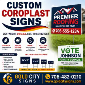 Custom coroplast yard signs by Gold City Signs displaying lightweight corrugated plastic signs for real estate, yard signage, events, construction, and political campaigns.