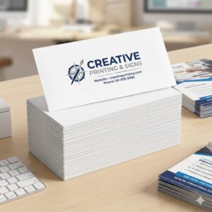 Custom Envelopes Product image that has a stack of envelopes with one raised up with Creative Printing and Signs on it