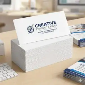Custom Envelopes Product image that has a stack of envelopes with one raised up with Creative Printing and Signs on it