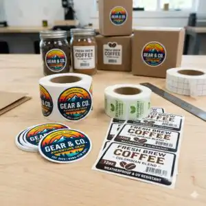 Custom Labels, Stickers, and Decals product image that has mason jars, boxes and examples of labels, stickers and decals to stick on them