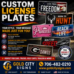 Custom decorative license plates by Gold City Signs featuring weatherproof, fade-resistant full-color novelty plates for cars, trucks, golf carts, and trailers.