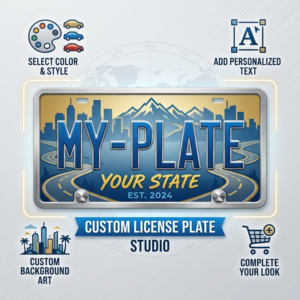 Custom License Plate Product image with a license plate on it with "My-Plate" on the plate and the options to design it around it