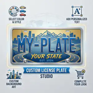 Custom License Plate Product image with a license plate on it with "My-Plate" on the plate and the options to design it around it