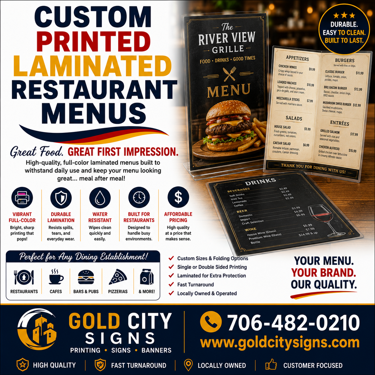 Dahlonega GA Custom Printed Laminated Restaurant Menus
