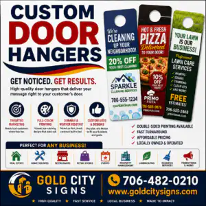 Custom marketing door hangers by Gold City Signs featuring full-color double-sided printing on thick cardstock for local property management, landscaping, and restaurants.