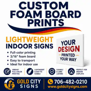 Custom foam board prints by Gold City Signs showing a lightweight, 3/16 inch rigid matte foam core presentation sign standing for indoor retail and corporate displays.
