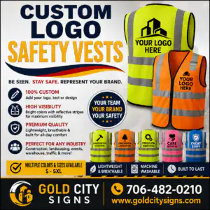 Custom logo safety vests by Gold City Signs displaying high-visibility neon yellow and orange reflective work vests with corporate branding space in sizes S through 5XL.