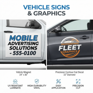 Product Image for Vehicle Signs & Graphics. Photo has two pickup truck doors with graphics on them as examples