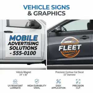Product Image for Vehicle Signs & Graphics. Photo has two pickup truck doors with graphics on them as examples