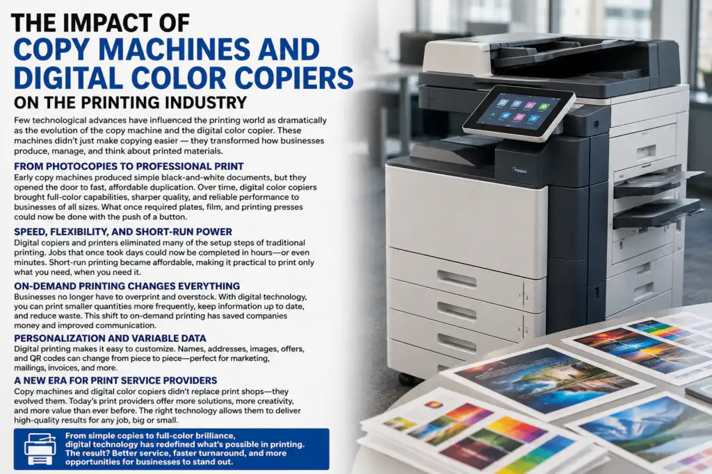 How Copy Machines and Digital Color Copiers Changed the Printing Industry 1 Copy Machines changed the print shop industry and local print shops all over the world had to adapt