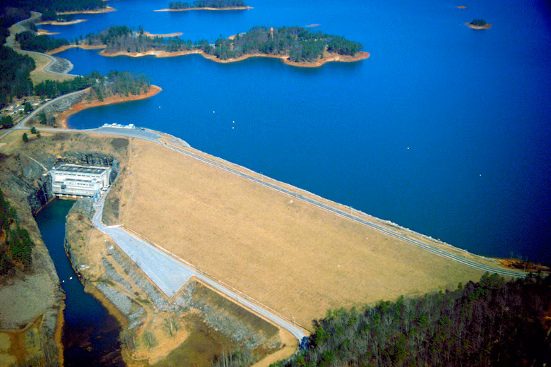 The History of Lake Lanier 1 Aerial view of Buford Dam and Lake Lanier in North Georgia, the reservoir created by damming the Chattahoochee River.
