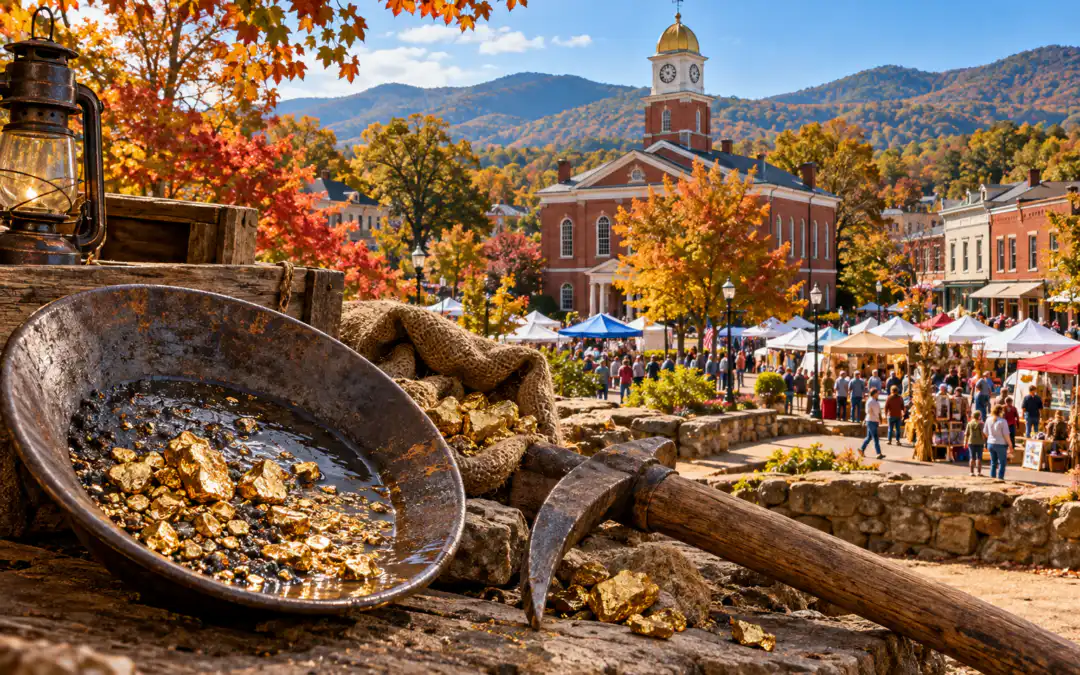 Dahlonega Gold Rush Days historical illustration featuring a gold mining pan, mining tools, autumn foliage, festival tents, and North Georgia mountains.